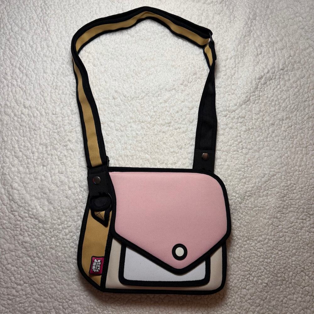 Jump From Paper Shoulder Bag Purse Giggle Classic Pink Beige 2D Cartoon Illusion